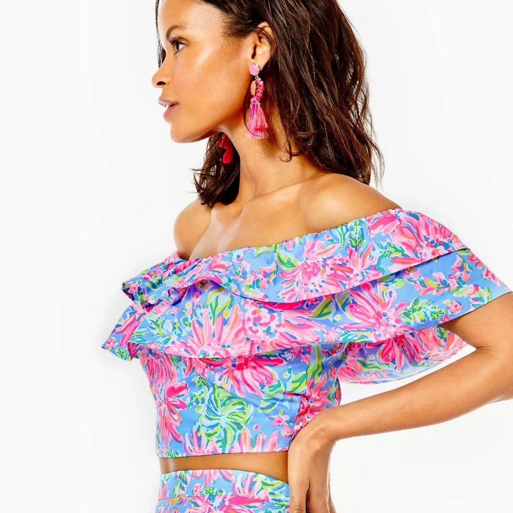 Lilly Pulitzer Mayslie Ruffle Top Mini Skirt Set Blue Peri Sunrise Bay 10, 12 - Picture 10 of 13